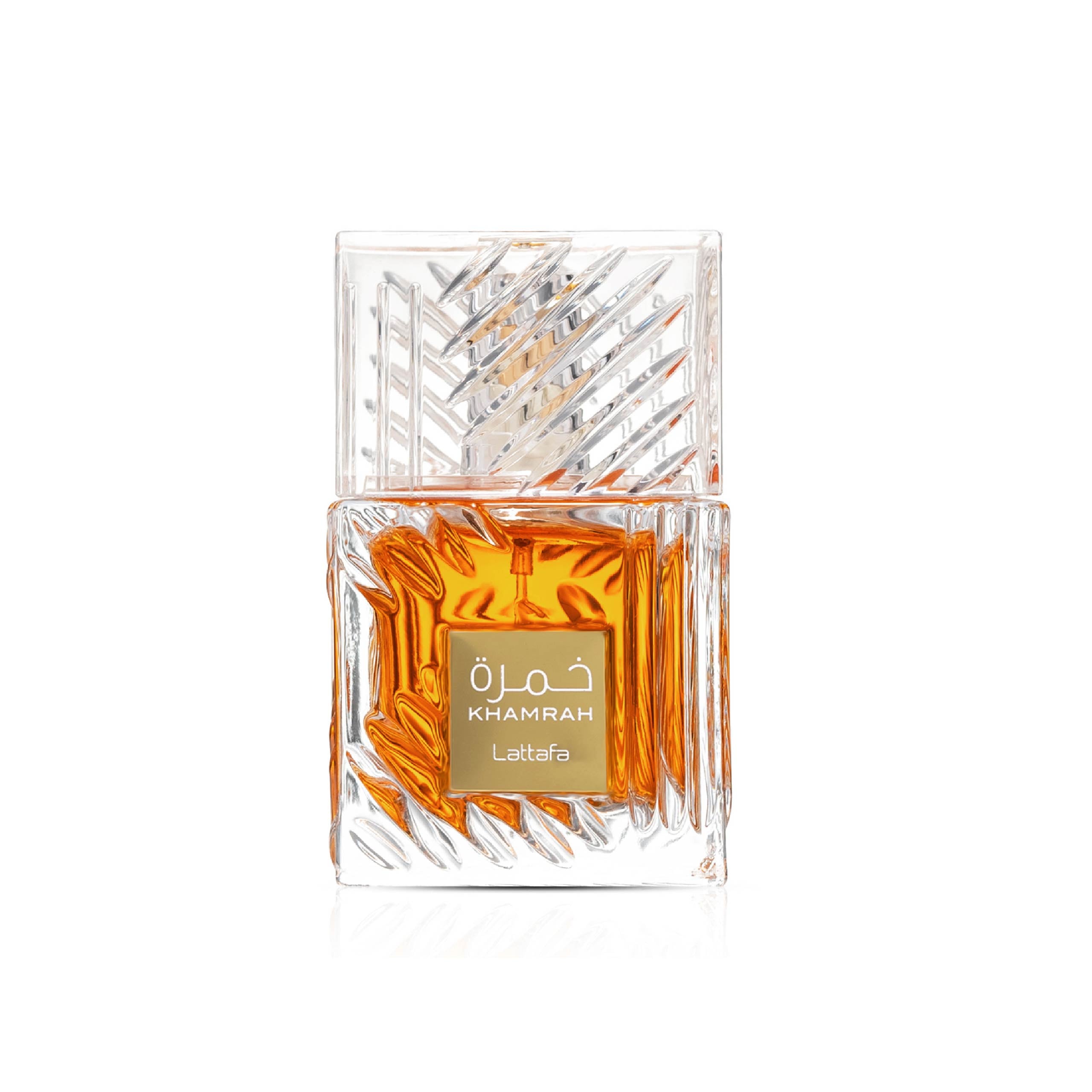 LATTAFA – KHAMRAH unisex parfumflacon op witte achtergrond met tonen van kaneel, praliné en tonkaboon – een warme, kruidige gourmand geur